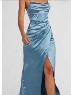 Windsor Sky Blue Satin Maxi Dress with High Slit